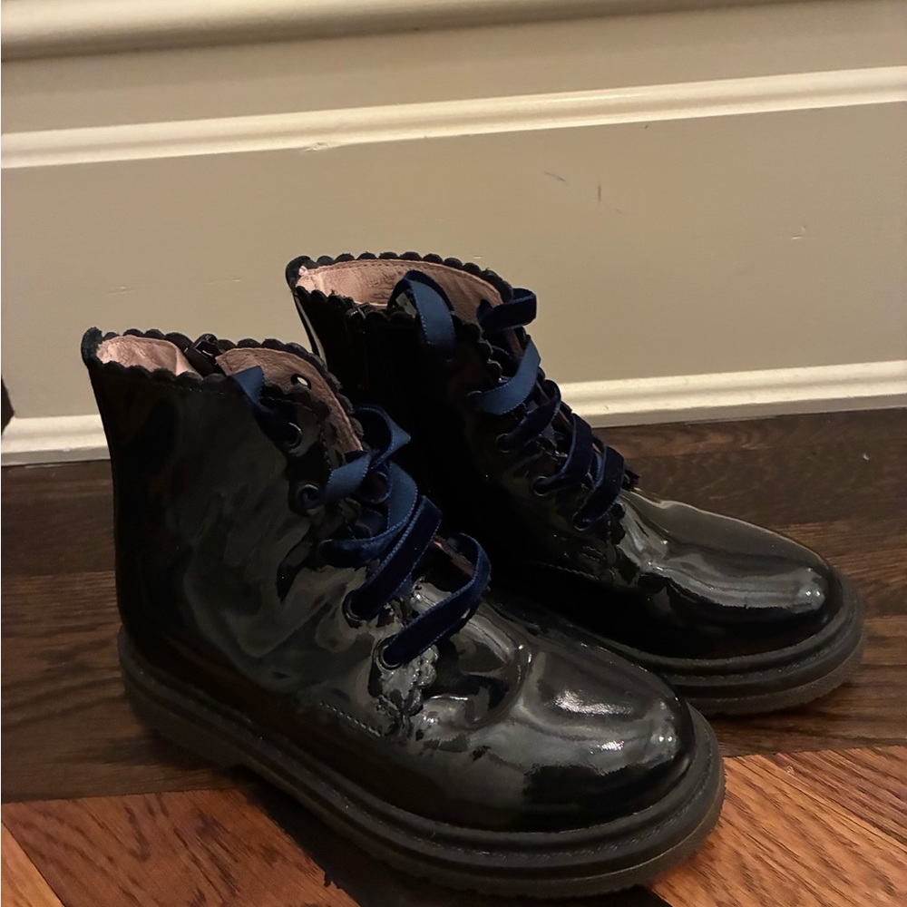 Jacadi Black Patent Kids Boots with Navy Laces
